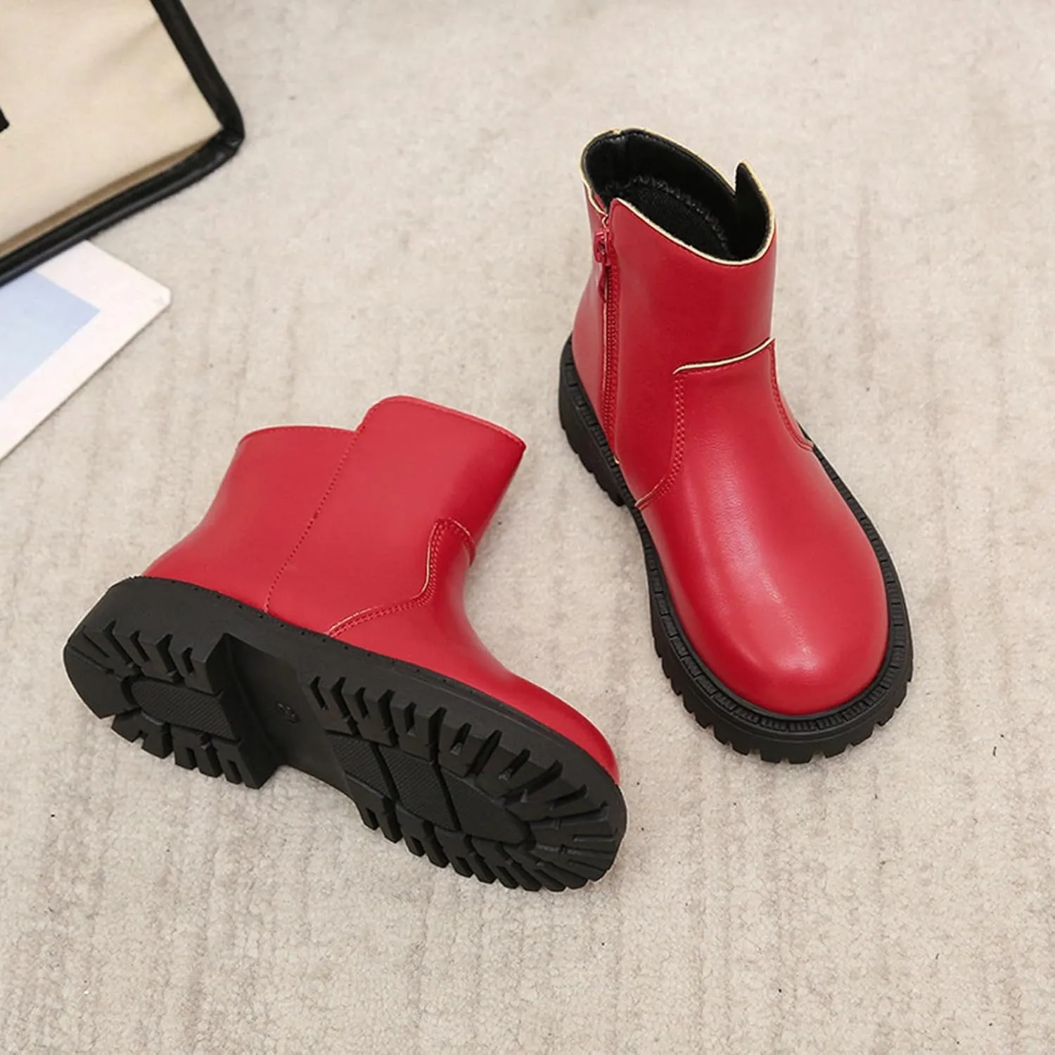 Girls Low Heel Ankle Boots Soft Sole Lightweight Synthetic Non-Slip High Top Leather Casual Walking Shoes for Kids