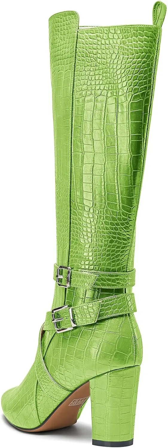 HEUIVZAR Womens Chunky Block Heel Pointed Toe Knee High Boots Dress Casual Zipper Buckle Mid Calf Boots 3.2 Inches Heels