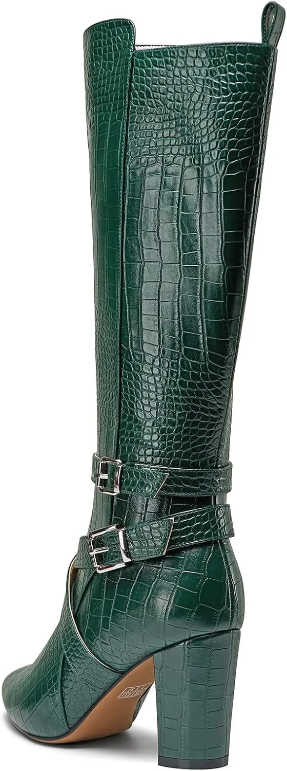 HEUIVZAR Womens Chunky Block Heel Pointed Toe Knee High Boots Dress Casual Zipper Buckle Mid Calf Boots 3.2 Inches Heels