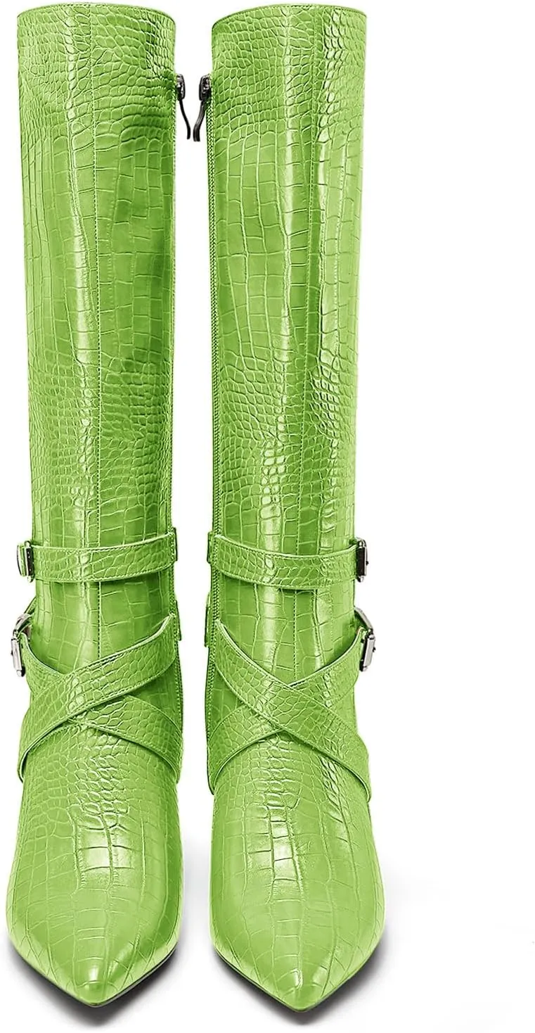 HEUIVZAR Womens Chunky Block Heel Pointed Toe Knee High Boots Dress Casual Zipper Buckle Mid Calf Boots 3.2 Inches Heels