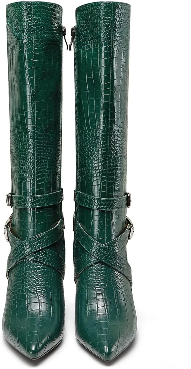 HEUIVZAR Womens Chunky Block Heel Pointed Toe Knee High Boots Dress Casual Zipper Buckle Mid Calf Boots 3.2 Inches Heels
