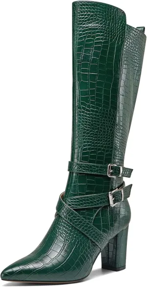 HEUIVZAR Womens Chunky Block Heel Pointed Toe Knee High Boots Dress Casual Zipper Buckle Mid Calf Boots 3.2 Inches Heels