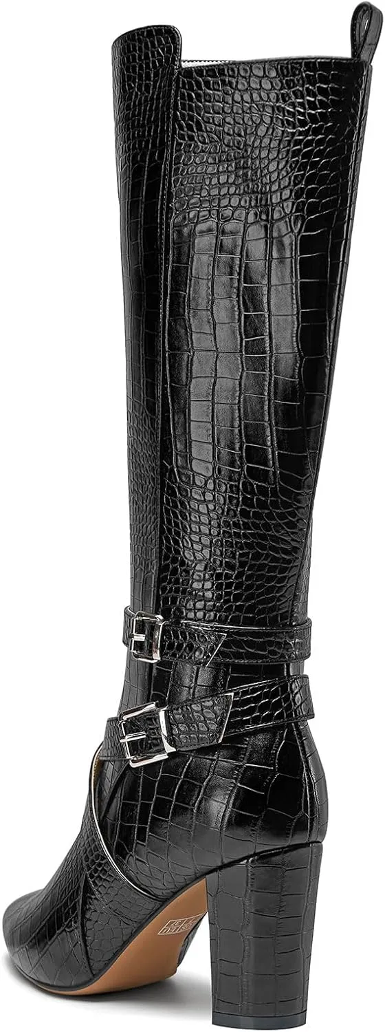 HEUIVZAR Womens Chunky Block Heel Pointed Toe Knee High Boots Dress Casual Zipper Buckle Mid Calf Boots 3.2 Inches Heels