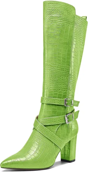 HEUIVZAR Womens Chunky Block Heel Pointed Toe Knee High Boots Dress Casual Zipper Buckle Mid Calf Boots 3.2 Inches Heels