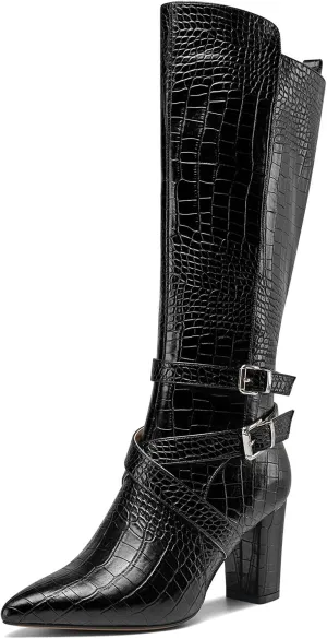 HEUIVZAR Womens Chunky Block Heel Pointed Toe Knee High Boots Dress Casual Zipper Buckle Mid Calf Boots 3.2 Inches Heels