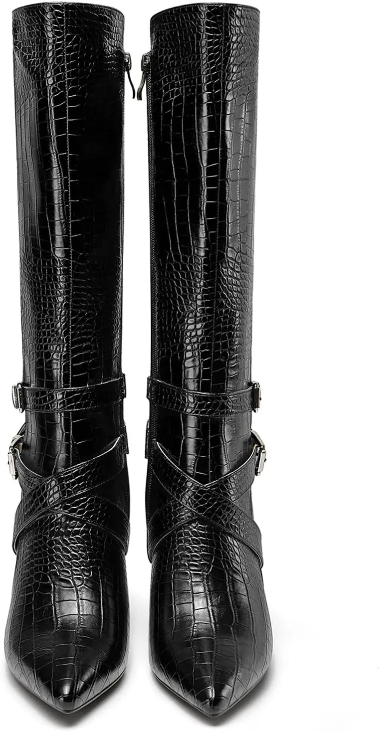 HEUIVZAR Womens Chunky Block Heel Pointed Toe Knee High Boots Dress Casual Zipper Buckle Mid Calf Boots 3.2 Inches Heels