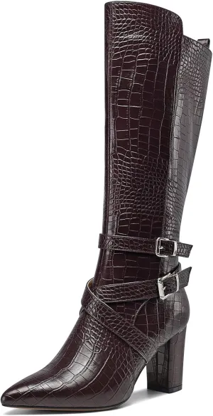 HEUIVZAR Womens Chunky Block Heel Pointed Toe Knee High Boots Dress Casual Zipper Buckle Mid Calf Boots 3.2 Inches Heels