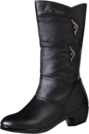 High Heels Boots for Women Fashion Ruched Boots Leather Round Toe Combat Boots Chunky Dress Pump Mid Calf Boots