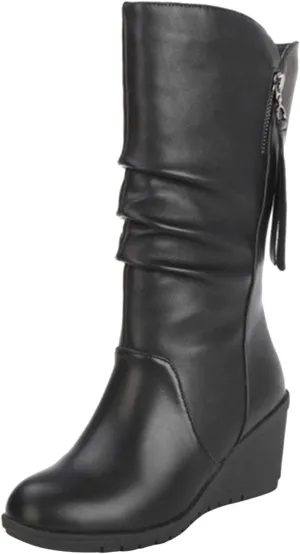 High Heels Boots for Women Fashion Ruched Boots Leather Round Toe Combat Boots Chunky Dress Pump Mid Calf Boots