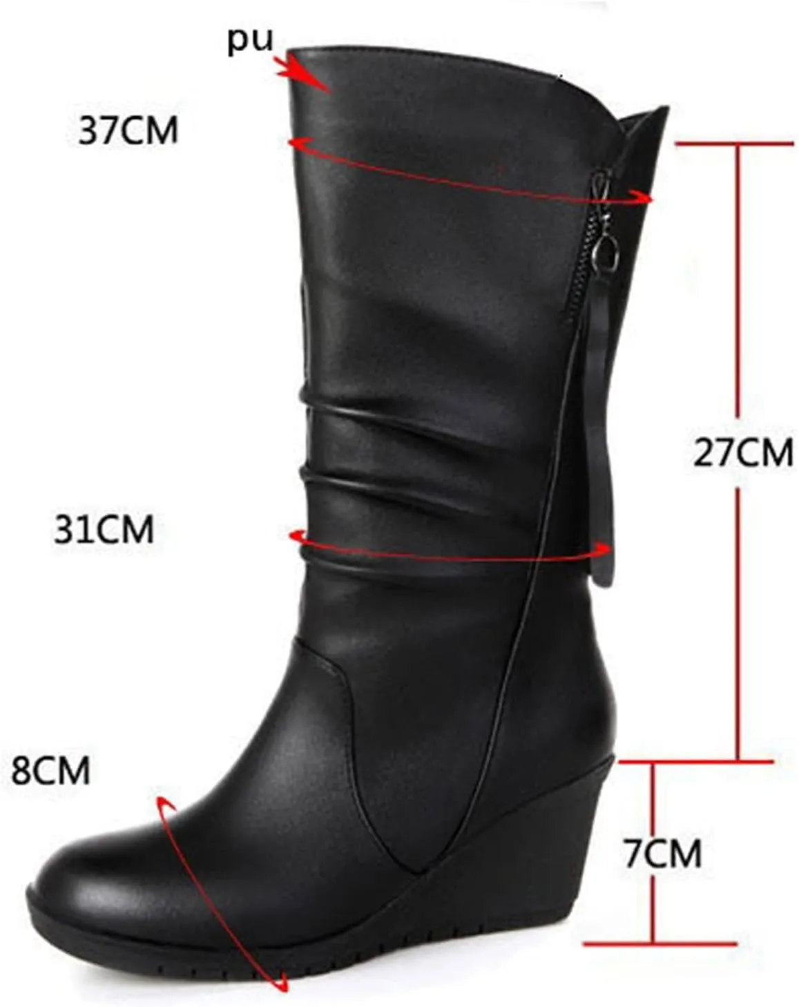 High Heels Boots for Women Fashion Ruched Boots Leather Round Toe Combat Boots Chunky Dress Pump Mid Calf Boots