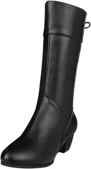 High Heels Boots for Women Fashion Ruched Boots Leather Round Toe Combat Boots Chunky Dress Pump Mid Calf Boots