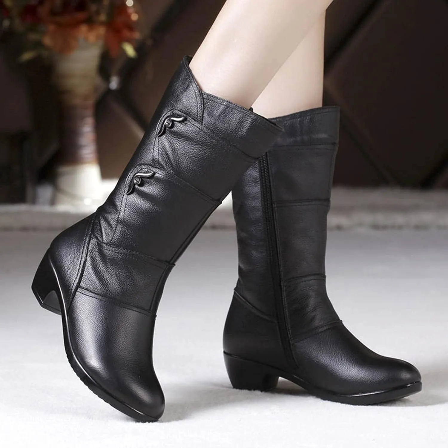 High Heels Boots for Women Fashion Ruched Boots Leather Round Toe Combat Boots Chunky Dress Pump Mid Calf Boots