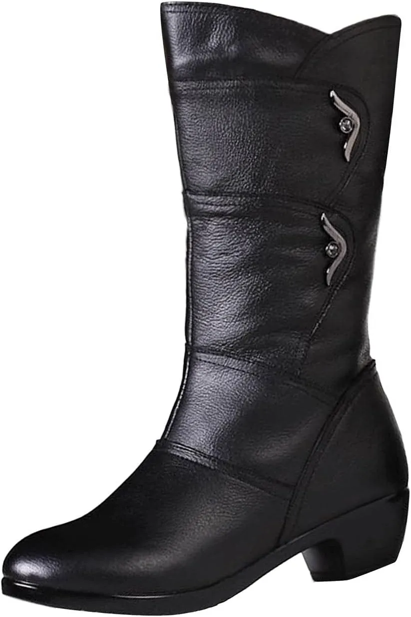 High Heels Boots for Women Fashion Ruched Boots Leather Round Toe Combat Boots Chunky Dress Pump Mid Calf Boots