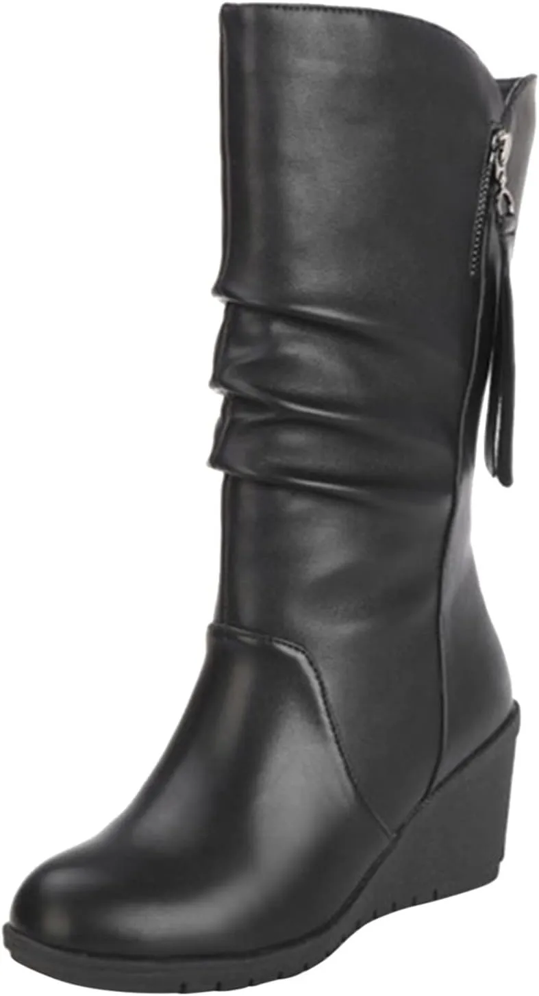 High Heels Boots for Women Fashion Ruched Boots Leather Round Toe Combat Boots Chunky Dress Pump Mid Calf Boots
