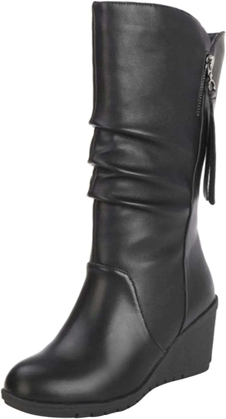 High Heels Boots for Women Fashion Ruched Boots Leather Round Toe Combat Boots Chunky Dress Pump Mid Calf Boots