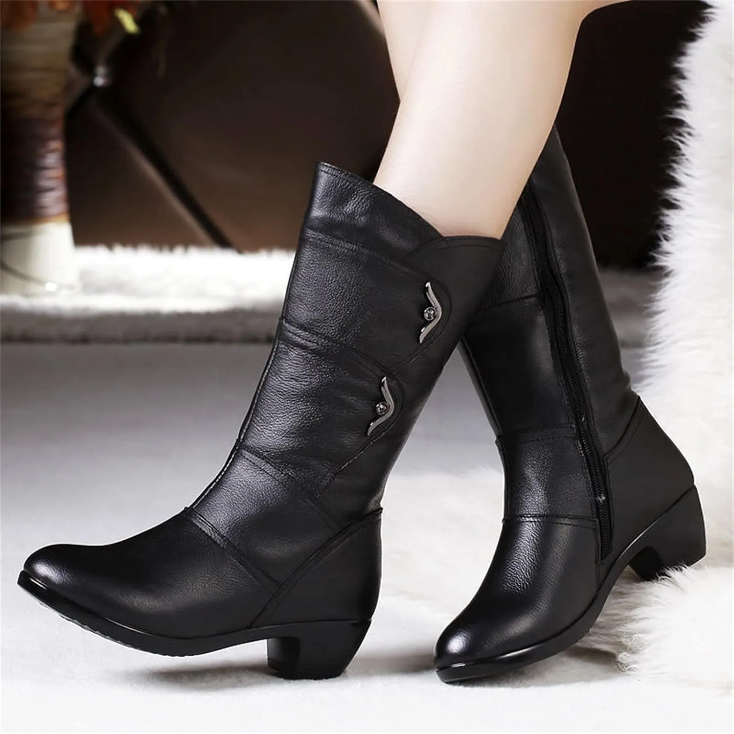 High Heels Boots for Women Fashion Ruched Boots Leather Round Toe Combat Boots Chunky Dress Pump Mid Calf Boots