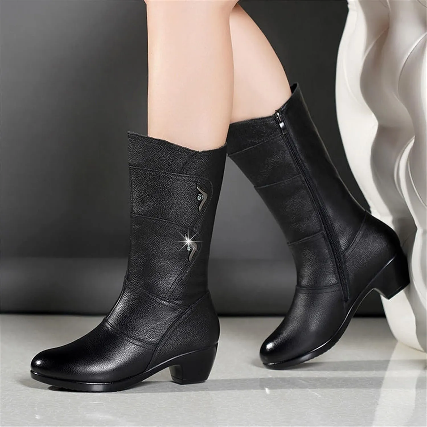 High Heels Boots for Women Fashion Ruched Boots Leather Round Toe Combat Boots Chunky Dress Pump Mid Calf Boots