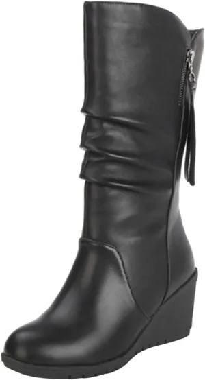 High Heels Boots for Women Fashion Ruched Boots Leather Round Toe Combat Boots Chunky Dress Pump Mid Calf Boots