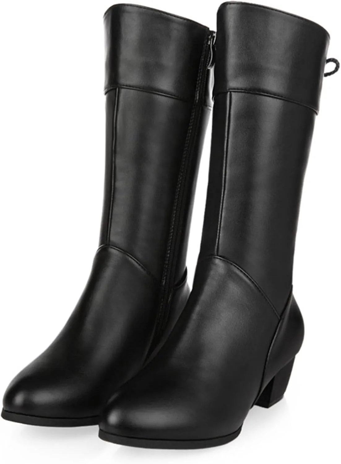 High Heels Boots for Women Fashion Ruched Boots Leather Round Toe Combat Boots Chunky Dress Pump Mid Calf Boots