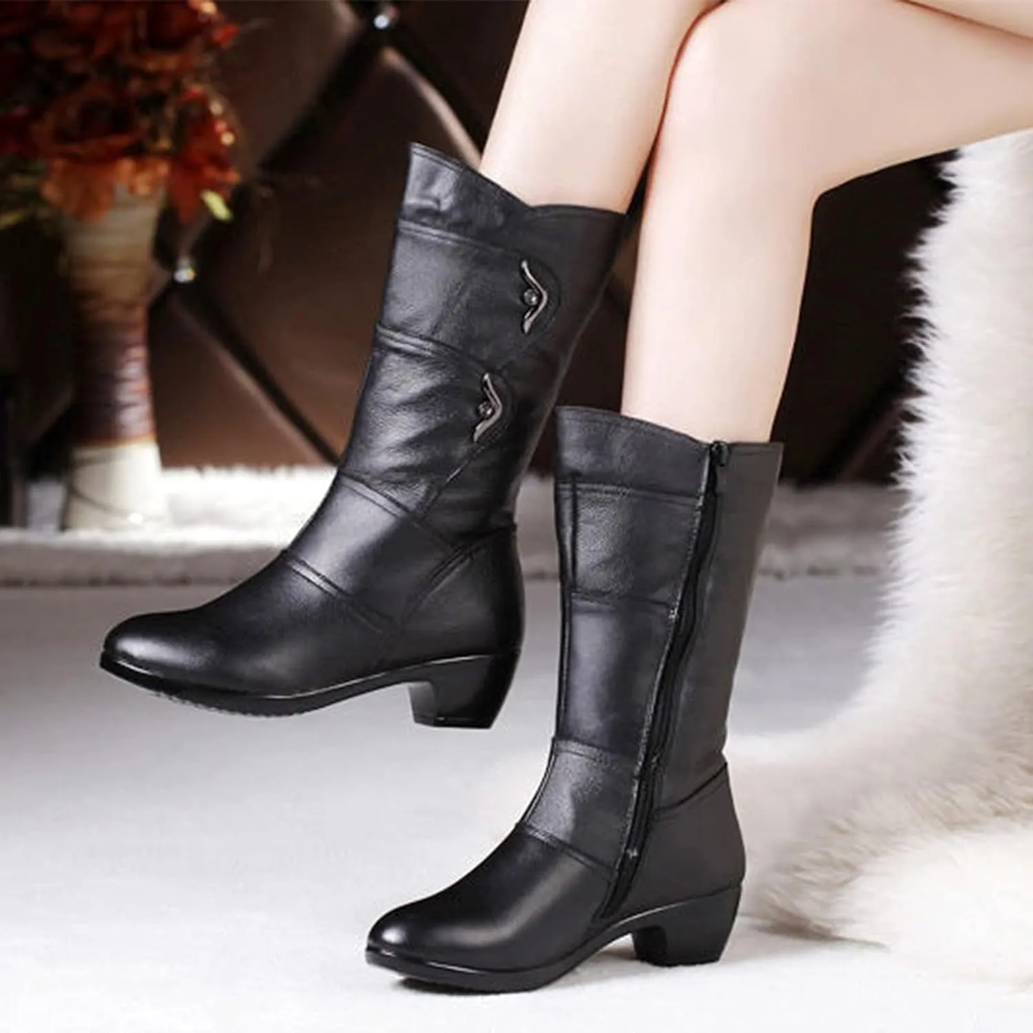 High Heels Boots for Women Fashion Ruched Boots Leather Round Toe Combat Boots Chunky Dress Pump Mid Calf Boots