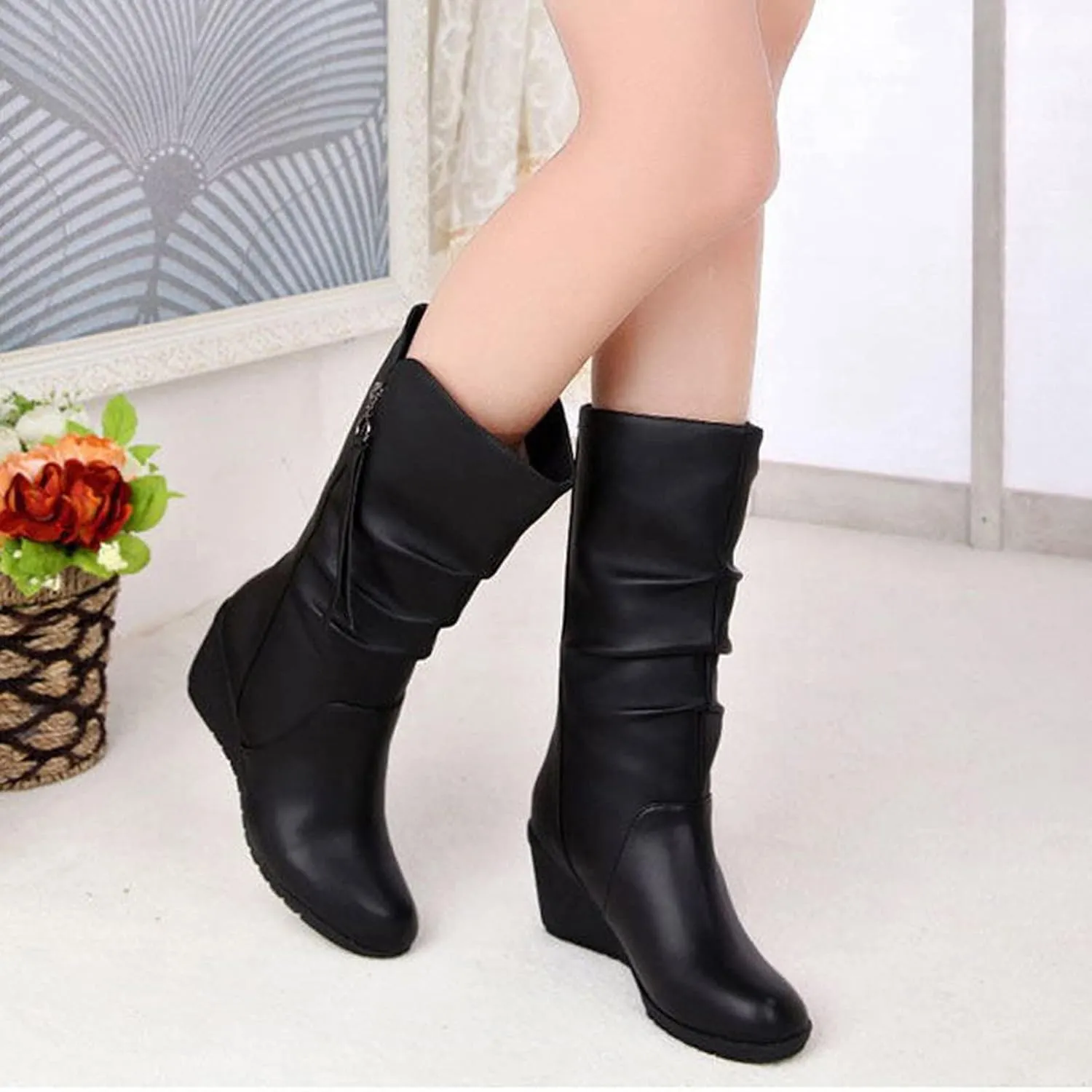 High Heels Boots for Women Fashion Ruched Boots Leather Round Toe Combat Boots Chunky Dress Pump Mid Calf Boots