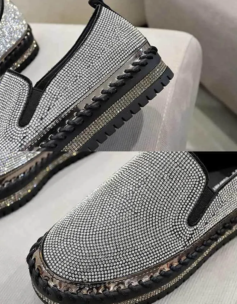 HINDOLA Women's Sparkly Fashion Sneakers Shiny Rhinestone Slip on Flatform Loafers Low Top Bling Casual Walking Shoes