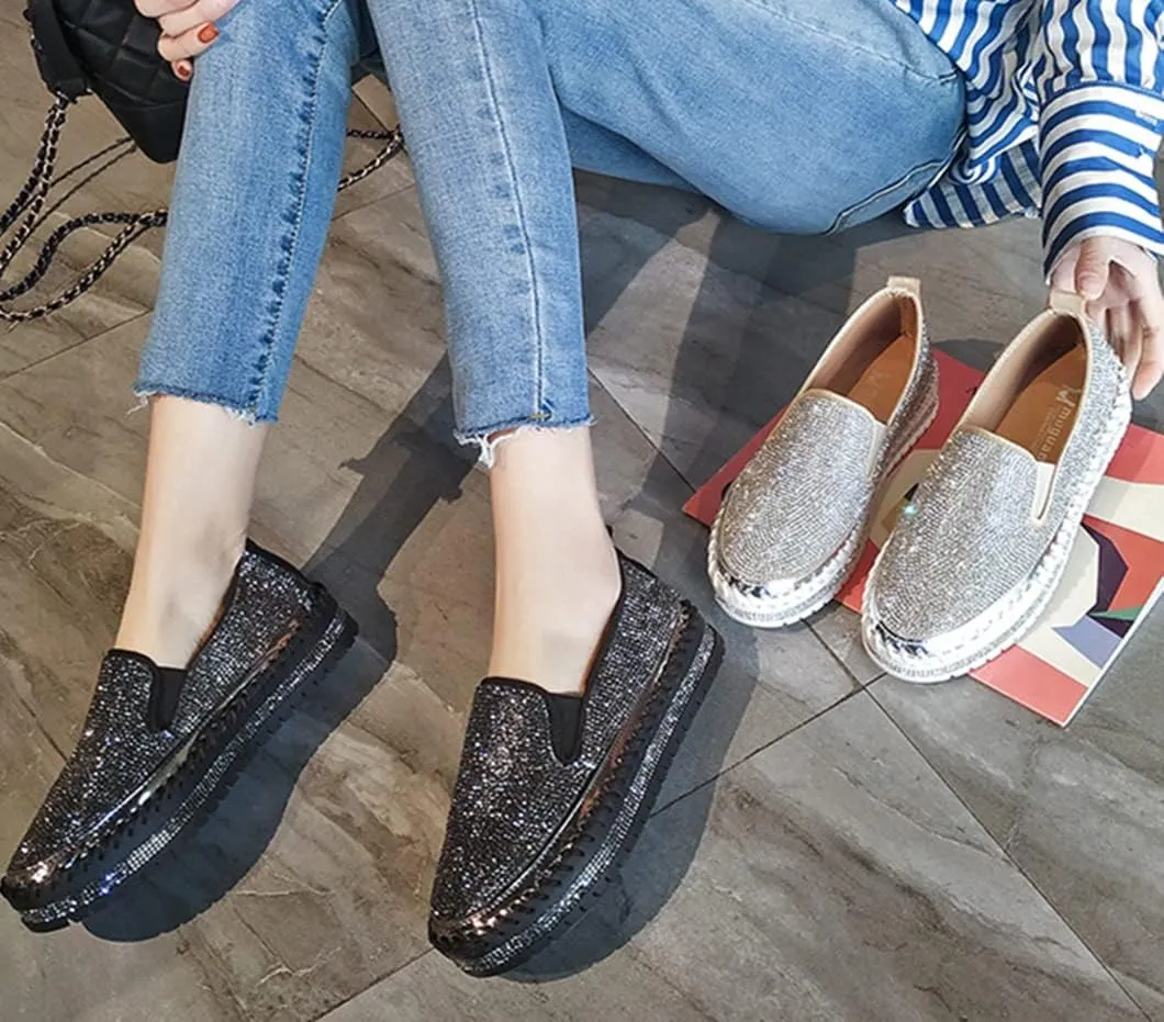 HINDOLA Women's Sparkly Fashion Sneakers Shiny Rhinestone Slip on Flatform Loafers Low Top Bling Casual Walking Shoes