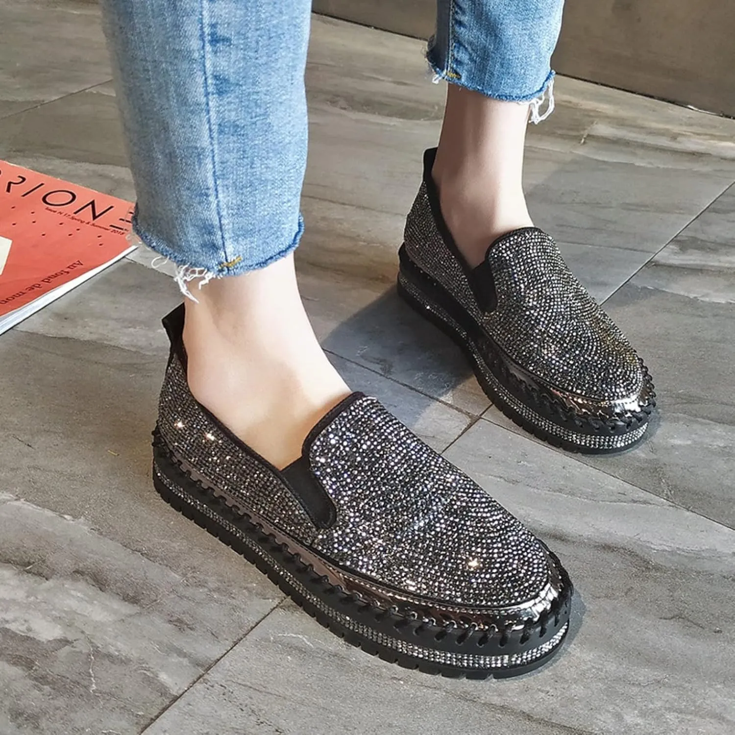 HINDOLA Women's Sparkly Fashion Sneakers Shiny Rhinestone Slip on Flatform Loafers Low Top Bling Casual Walking Shoes