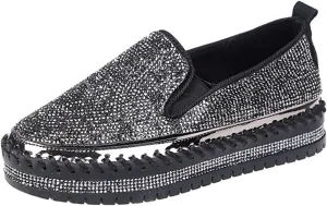 HINDOLA Women's Sparkly Fashion Sneakers Shiny Rhinestone Slip on Flatform Loafers Low Top Bling Casual Walking Shoes