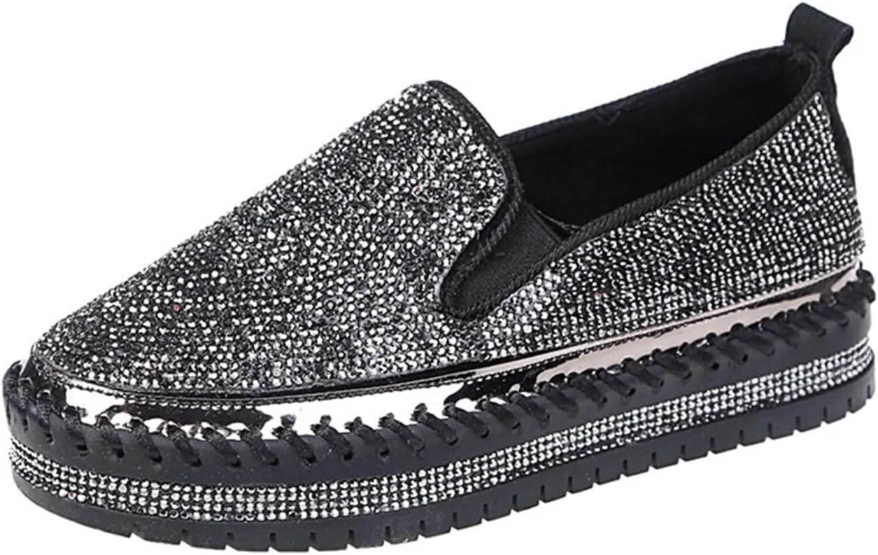 HINDOLA Women's Sparkly Fashion Sneakers Shiny Rhinestone Slip on Flatform Loafers Low Top Bling Casual Walking Shoes