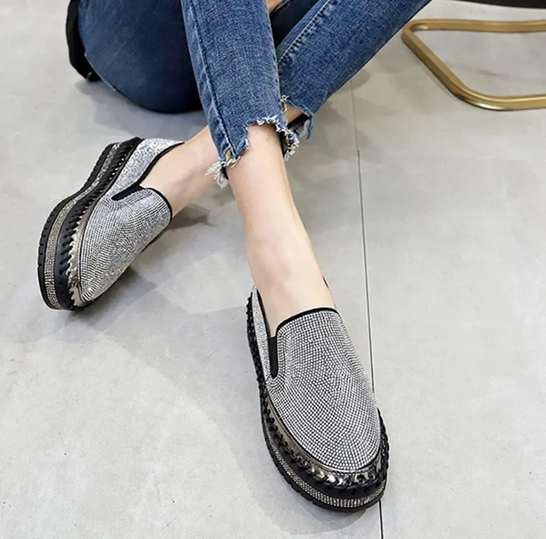 HINDOLA Women's Sparkly Fashion Sneakers Shiny Rhinestone Slip on Flatform Loafers Low Top Bling Casual Walking Shoes