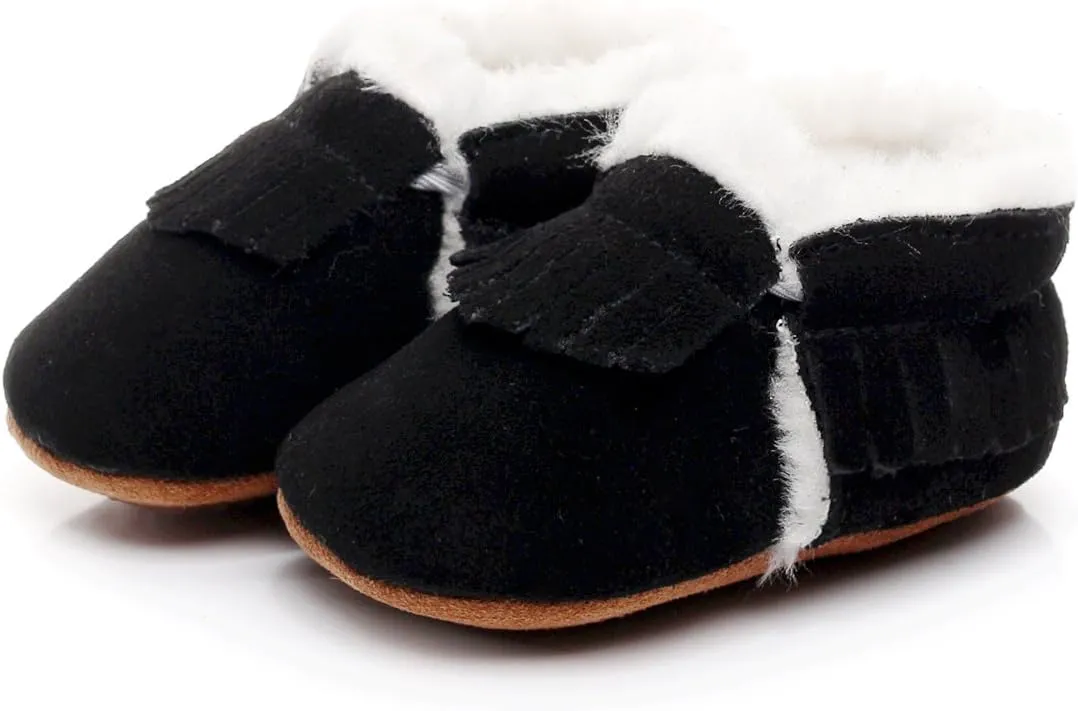 HONGTEYA Baby Moccasins with Fur Fleece Rubber Soles Warm Snow Boots Leather Baby Shoes for Boys Girls…