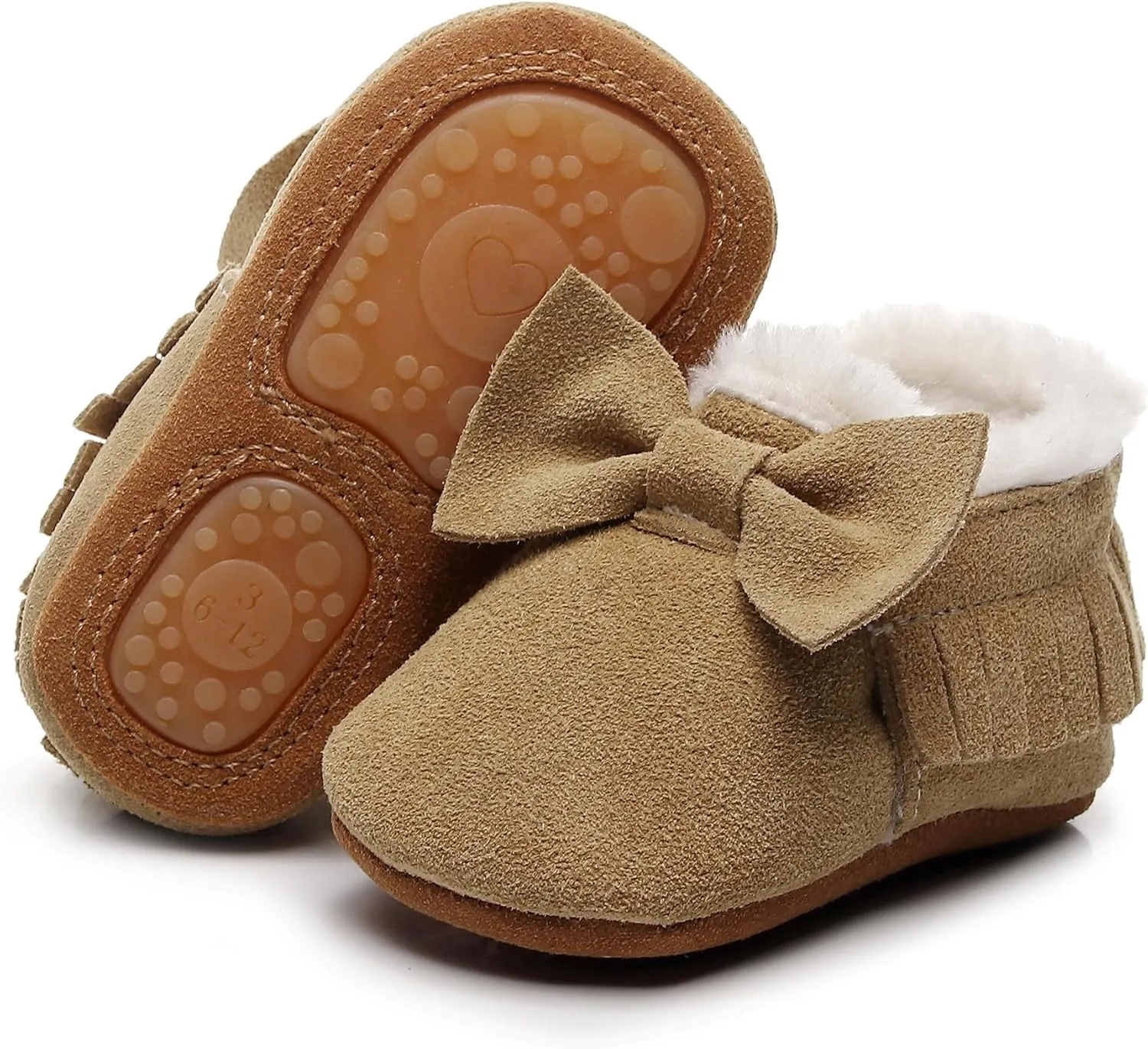 HONGTEYA Baby Moccasins with Fur Fleece Rubber Soles Warm Snow Boots Leather Baby Shoes for Boys Girls…