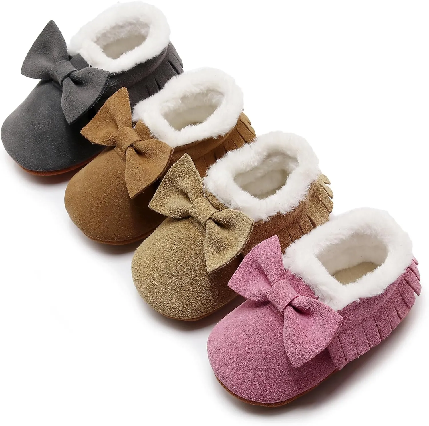 HONGTEYA Baby Moccasins with Fur Fleece Rubber Soles Warm Snow Boots Leather Baby Shoes for Boys Girls…
