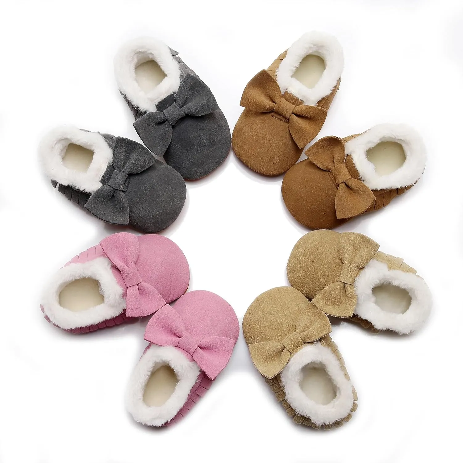 HONGTEYA Baby Moccasins with Fur Fleece Rubber Soles Warm Snow Boots Leather Baby Shoes for Boys Girls…