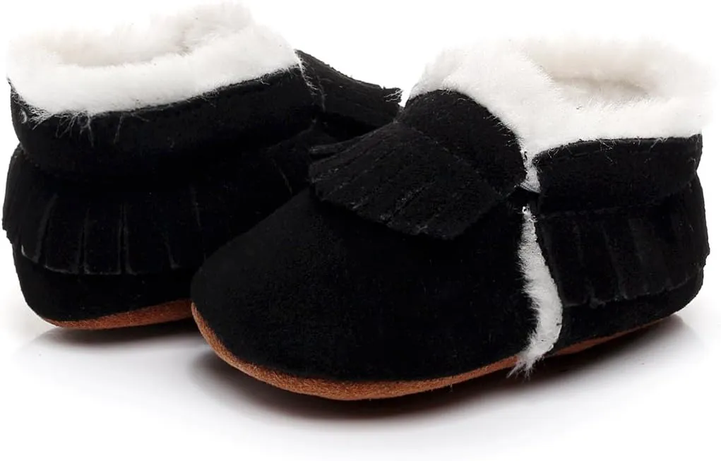 HONGTEYA Baby Moccasins with Fur Fleece Rubber Soles Warm Snow Boots Leather Baby Shoes for Boys Girls…