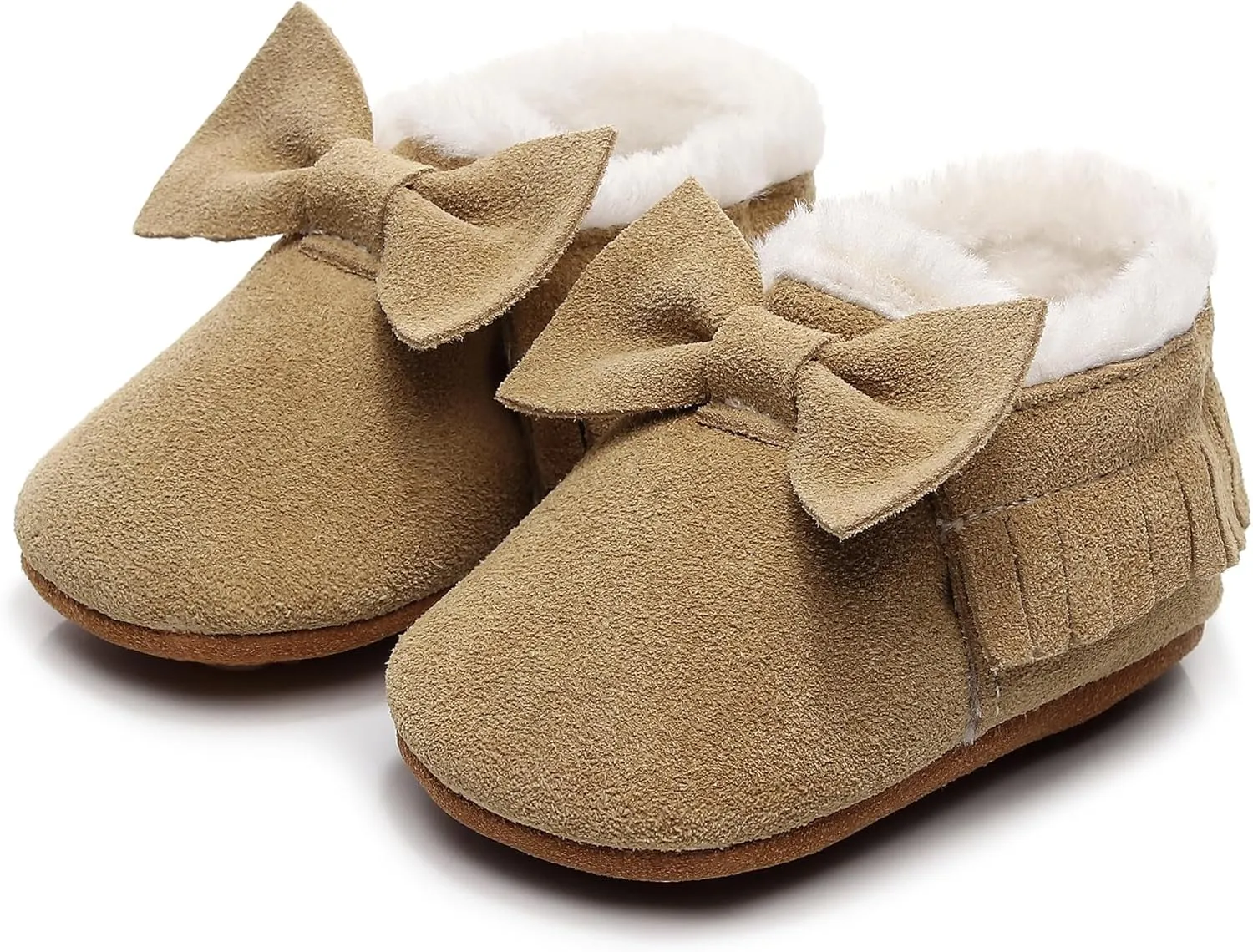 HONGTEYA Baby Moccasins with Fur Fleece Rubber Soles Warm Snow Boots Leather Baby Shoes for Boys Girls…