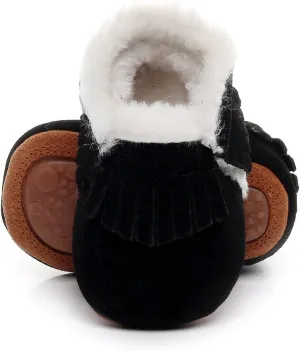 HONGTEYA Baby Moccasins with Fur Fleece Rubber Soles Warm Snow Boots Leather Baby Shoes for Boys Girls…