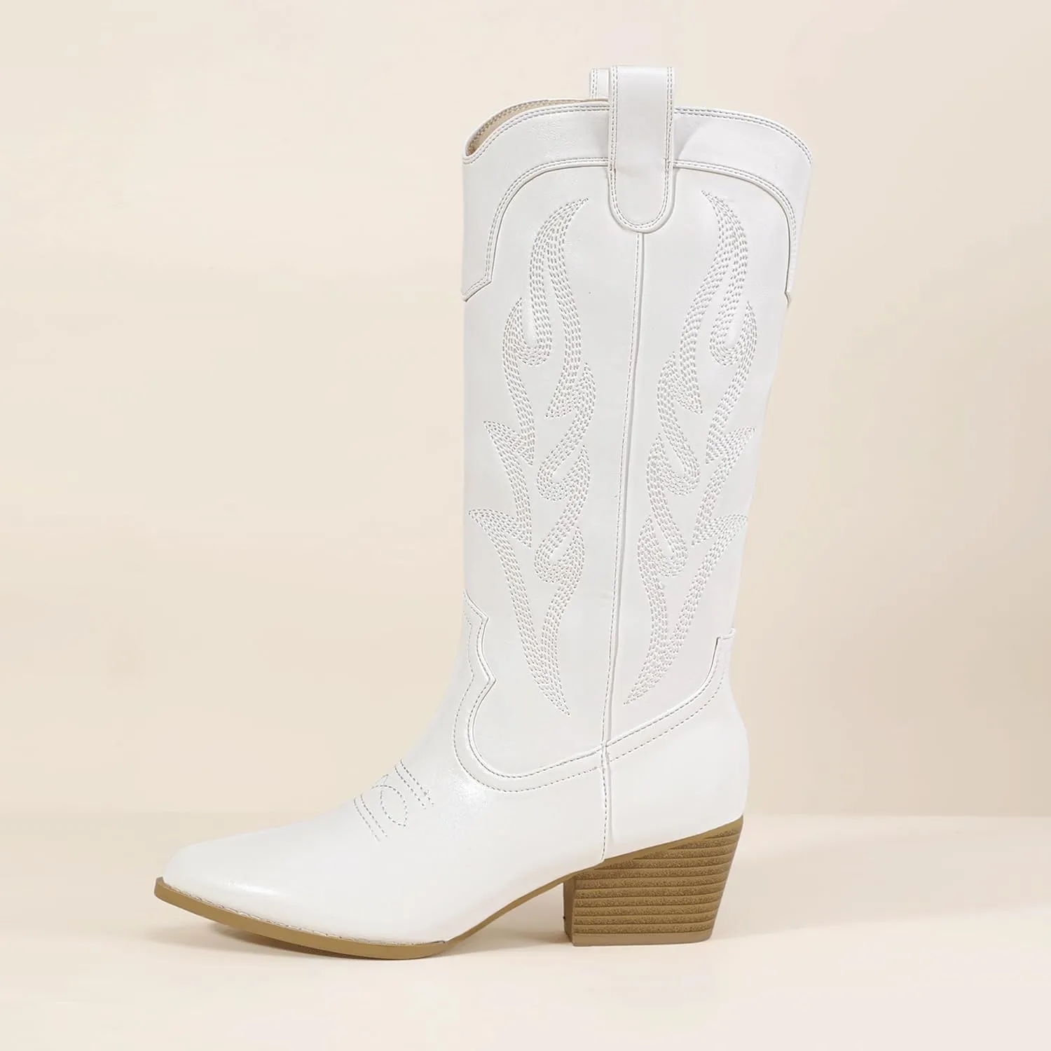 IDIFU IN2 Cowboy Boots for Women Mid Calf Cowgirl Boots Embroidered Western Boots Chunky Low Heel Pointed Toe Country Boots Cute Fashion Booties for Women Dress Wedding Heeled Boots