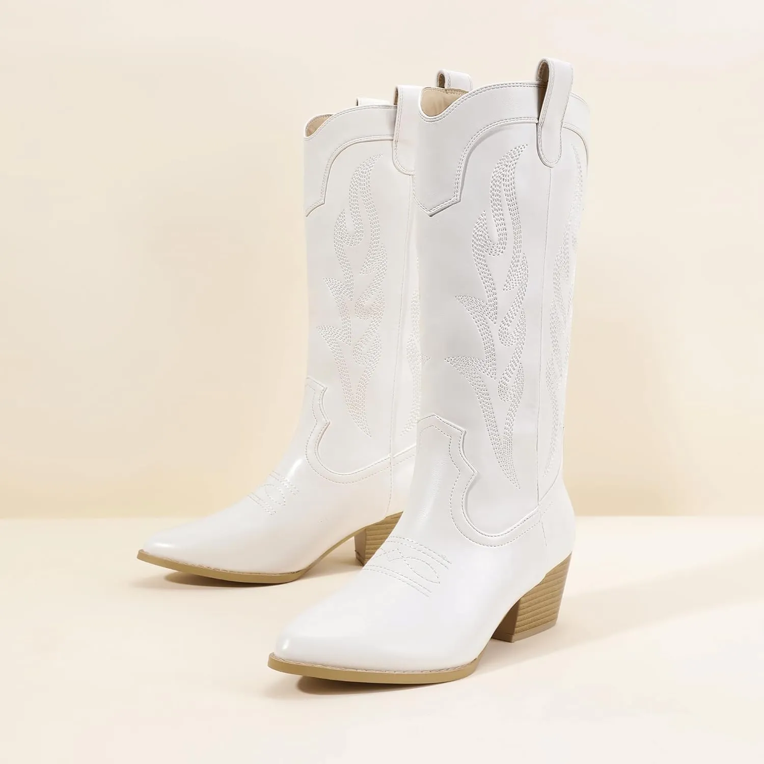 IDIFU IN2 Cowboy Boots for Women Mid Calf Cowgirl Boots Embroidered Western Boots Chunky Low Heel Pointed Toe Country Boots Cute Fashion Booties for Women Dress Wedding Heeled Boots