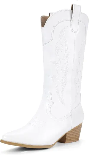 IDIFU IN2 Cowboy Boots for Women Mid Calf Cowgirl Boots Embroidered Western Boots Chunky Low Heel Pointed Toe Country Boots Cute Fashion Booties for Women Dress Wedding Heeled Boots