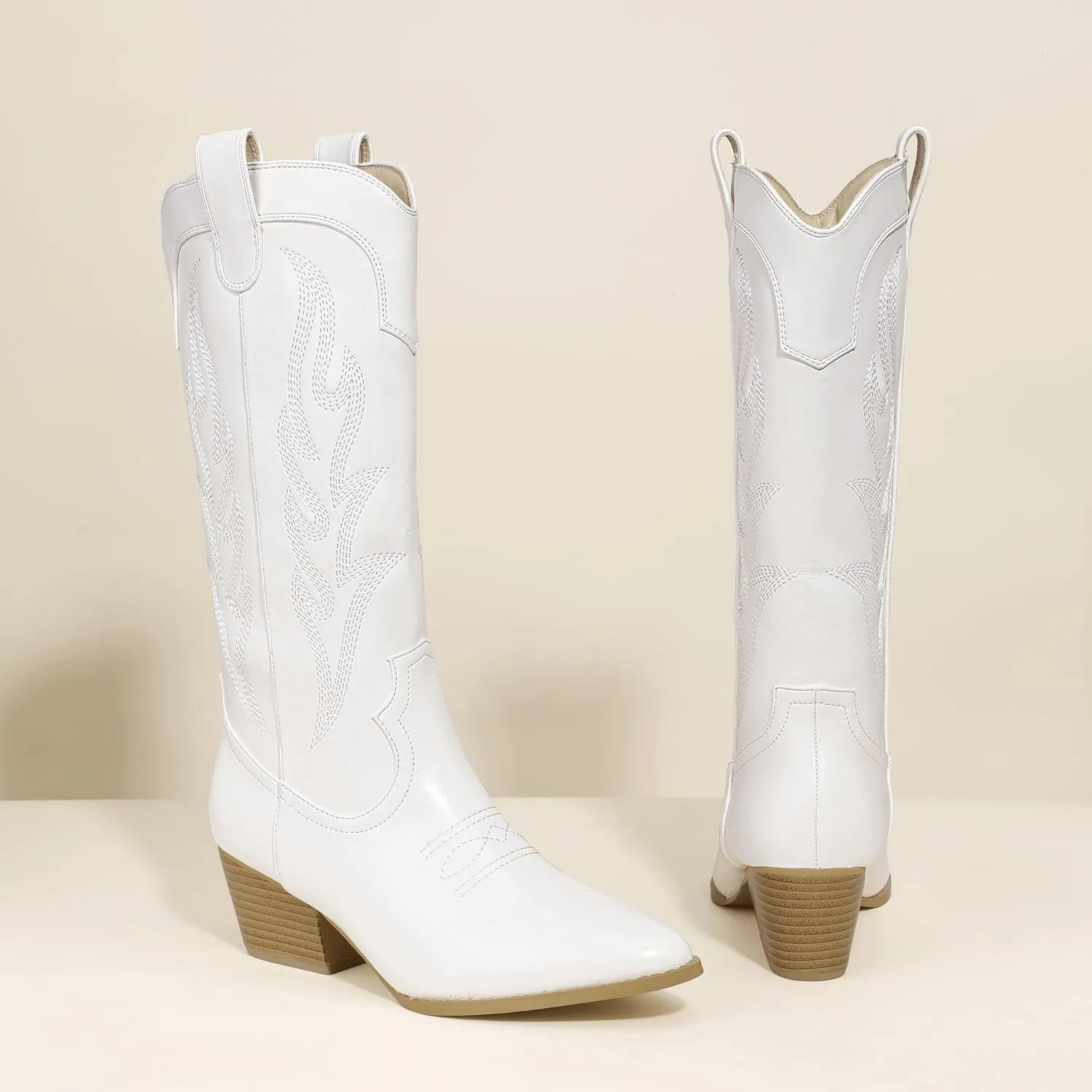 IDIFU IN2 Cowboy Boots for Women Mid Calf Cowgirl Boots Embroidered Western Boots Chunky Low Heel Pointed Toe Country Boots Cute Fashion Booties for Women Dress Wedding Heeled Boots