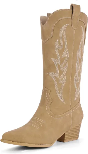 IDIFU IN2 Cowboy Boots for Women Mid Calf Cowgirl Boots Embroidered Western Boots Chunky Low Heel Pointed Toe Country Boots Cute Fashion Booties for Women Dress Wedding Heeled Boots