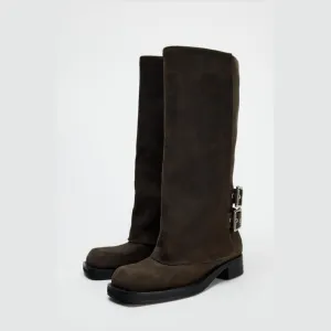keleimusi Women's Knee High Riding Boots Slip On Slouchy Fold Over Boots Square Toe Mid Calf Boots Chunky Heel Suede Fashion Buckles Moto Biker Boots