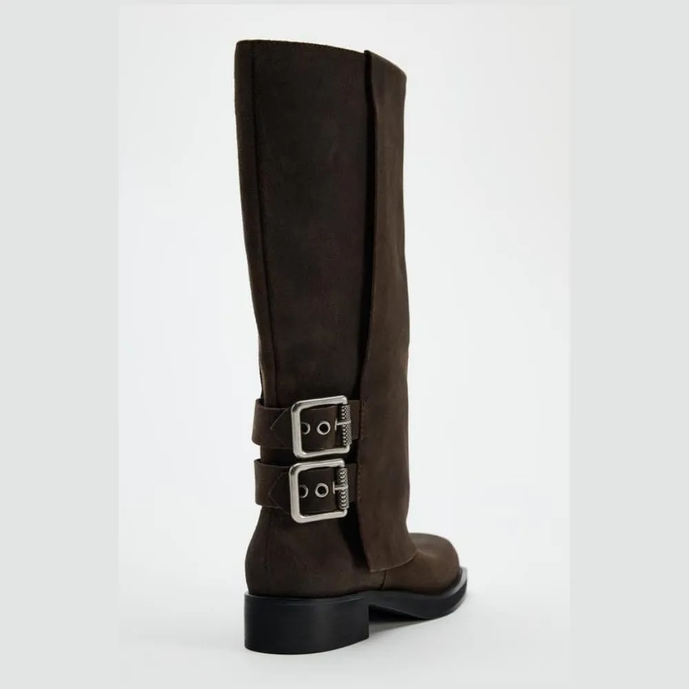 keleimusi Women's Knee High Riding Boots Slip On Slouchy Fold Over Boots Square Toe Mid Calf Boots Chunky Heel Suede Fashion Buckles Moto Biker Boots