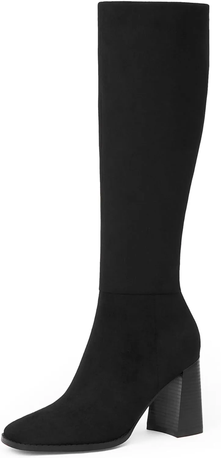 Knee High Boots for Women Square Toe Chunky Block High Heel Tall Boots Side Zipper Long Boots Fall Boots