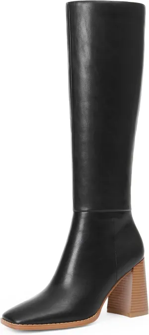 Knee High Boots for Women Square Toe Chunky Block High Heel Tall Boots Side Zipper Long Boots Fall Boots