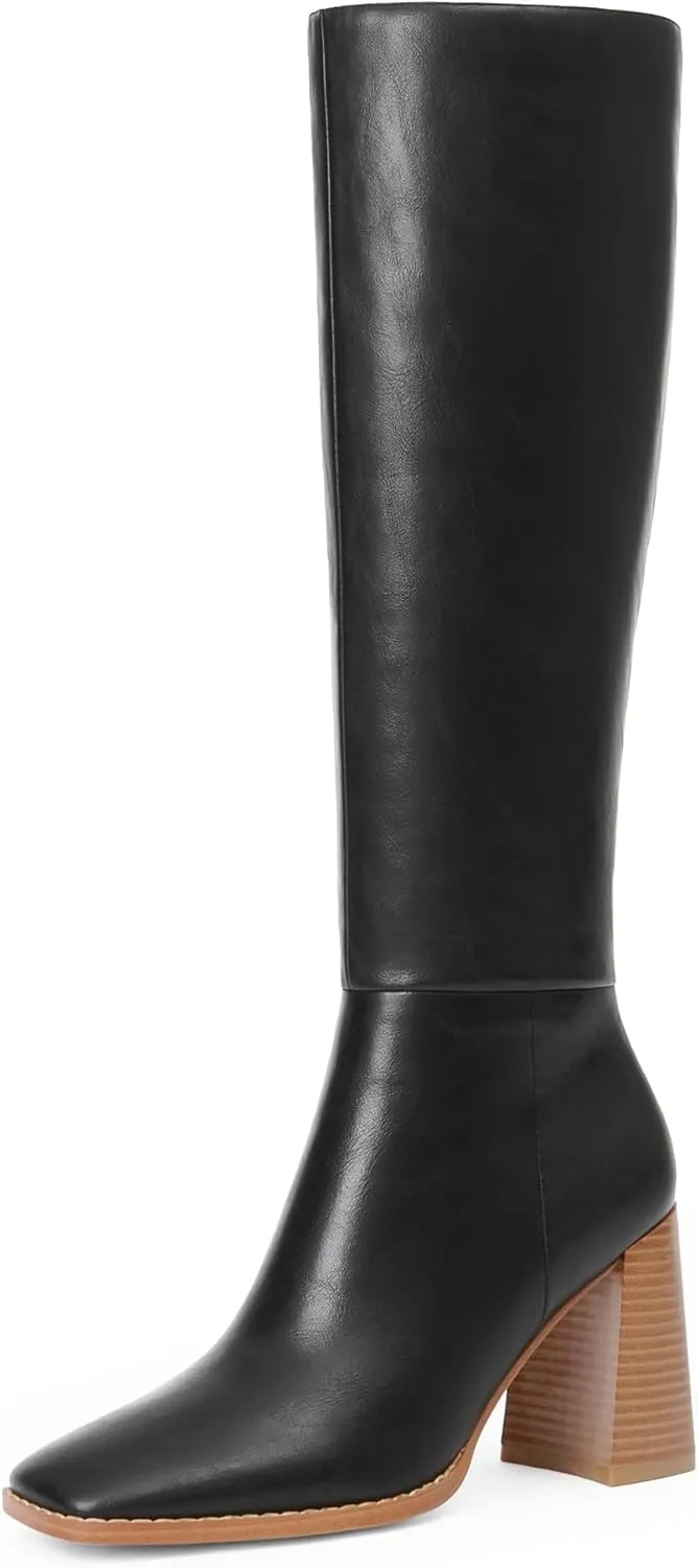 Knee High Boots for Women Square Toe Chunky Block High Heel Tall Boots Side Zipper Long Boots Fall Boots