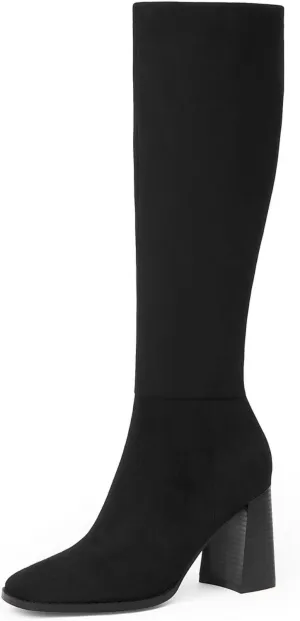 Knee High Boots for Women Square Toe Chunky Block High Heel Tall Boots Side Zipper Long Boots Fall Boots