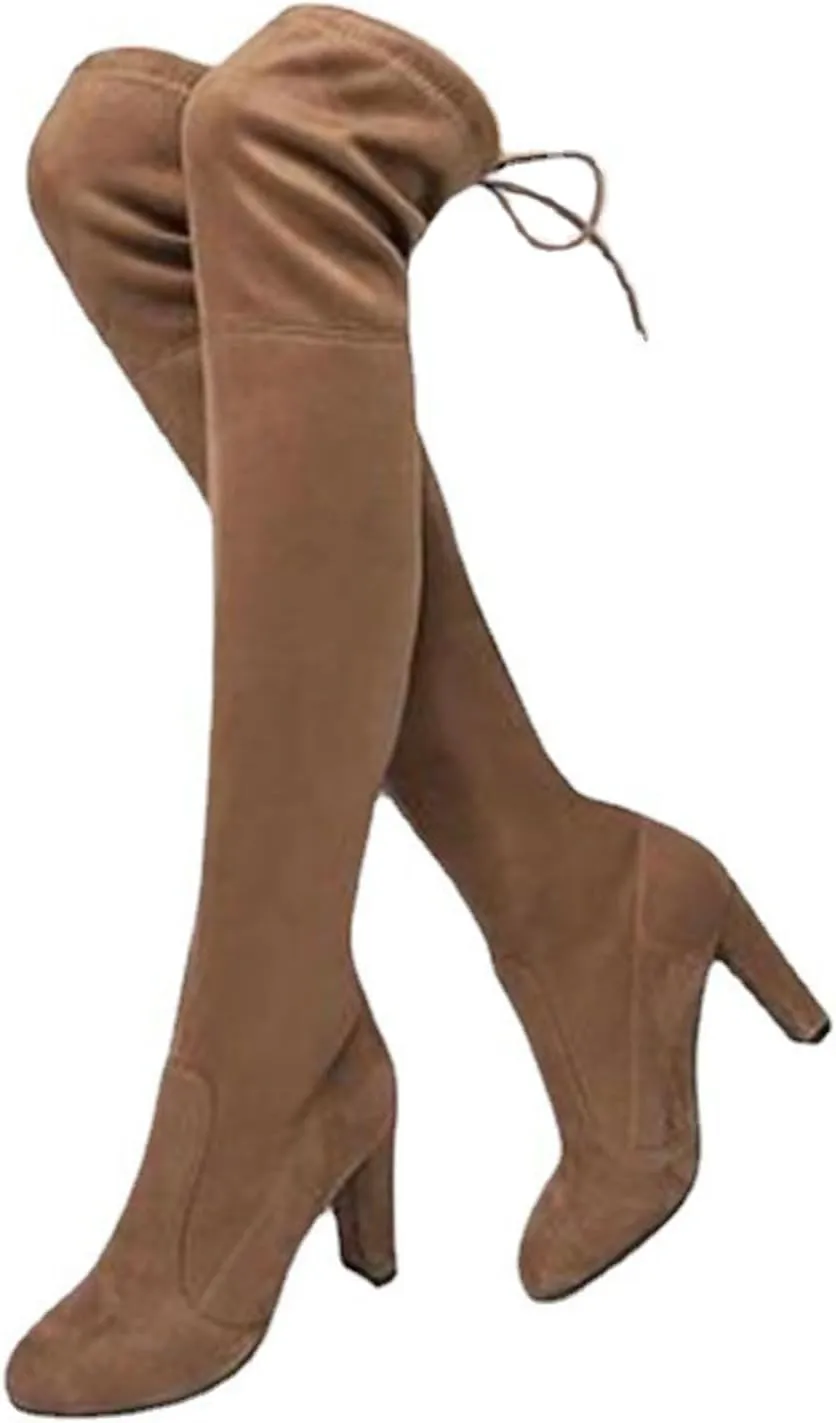 Knee High Boots for Women Stretchy Thigh High Boots Pull String Chunk Heel Combat Boots Dress Tall Boots